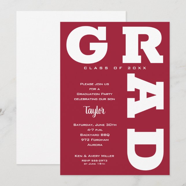 Invitación Crimson sobre el Partido de Graduación Blanca (Anverso / Reverso)