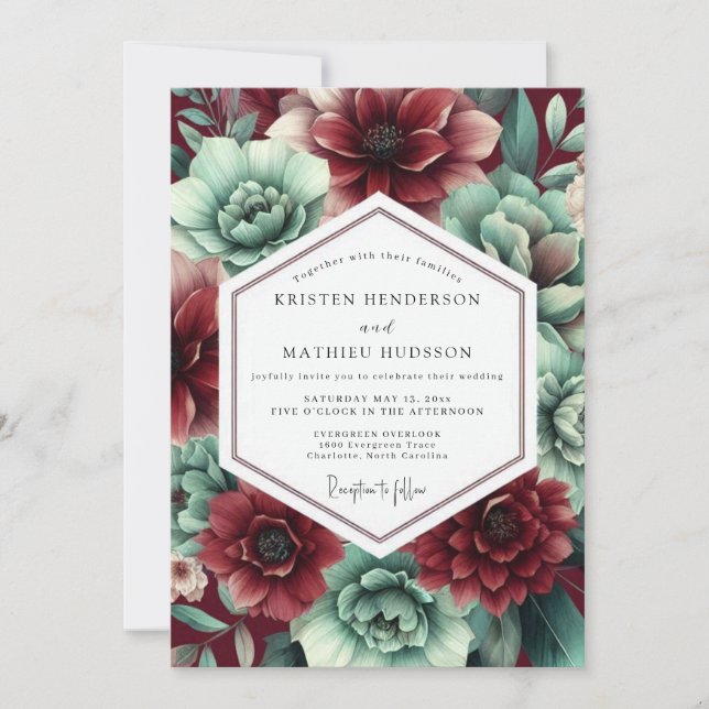 Invitación Crimson & Teal Lush Botanical Wedding (Anverso)