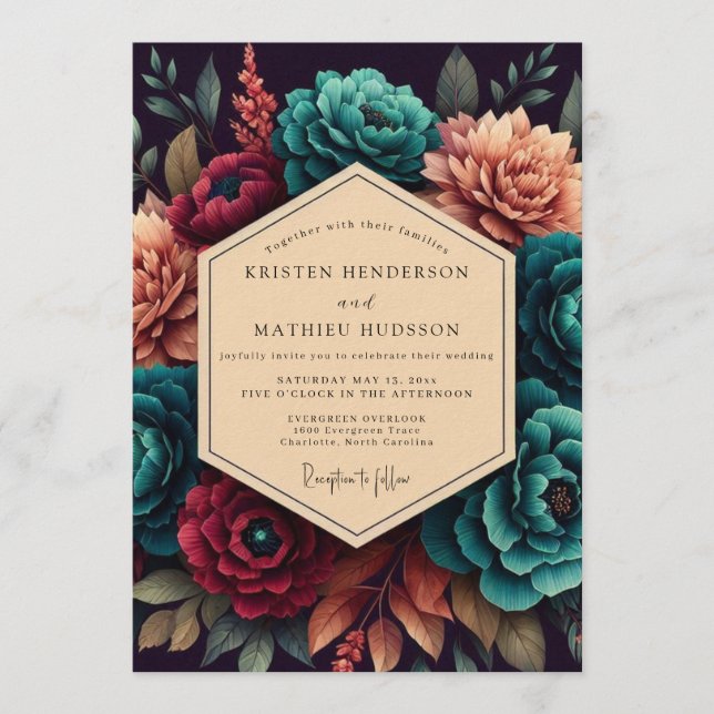 Invitación Crimson & Teal Opulent Bloom Wedding (Anverso)