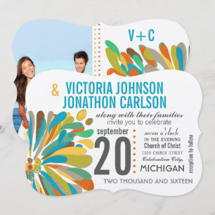 Invitación Crisantemo Coral Amarillo Floral Verde Foto