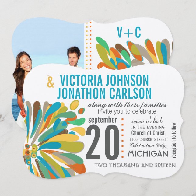 Invitación Crisantemo Coral Amarillo Floral Verde Foto (Anverso / Reverso)