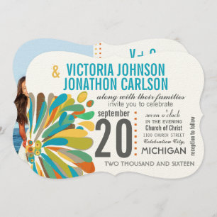 Invitación Crisantemo Coral Amarillo Floral Verde Foto