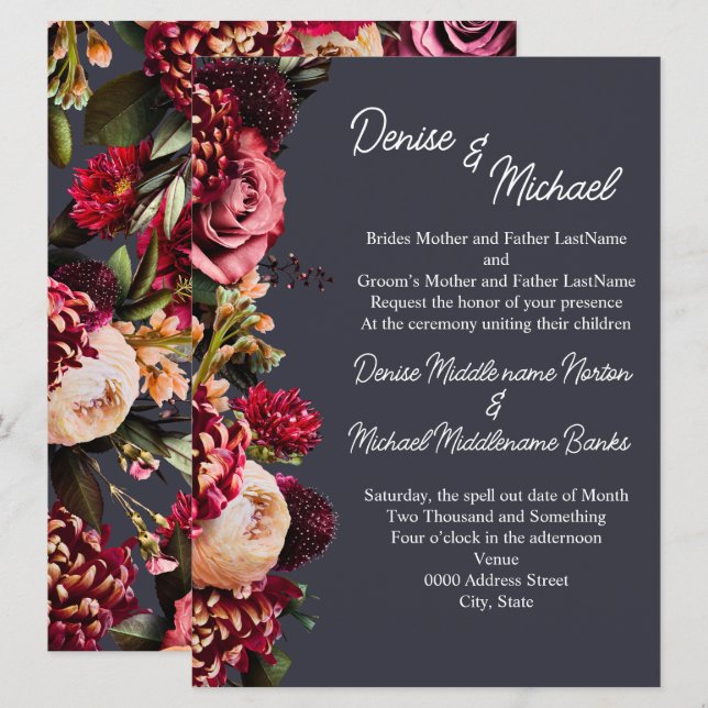 Invitación Crisantemo en gris noche polar (Anverso / Reverso)