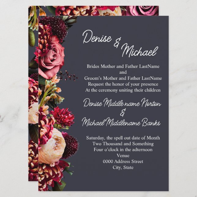 Invitación Crisantemo en gris polar nocturno (Anverso / Reverso)