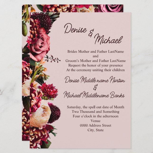 Invitación Crisantemo en Mauve Chalk (Anverso / Reverso)