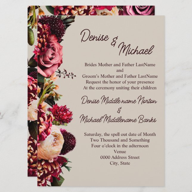 Invitación Crisantemo en Perfectamente Pálido (Anverso / Reverso)