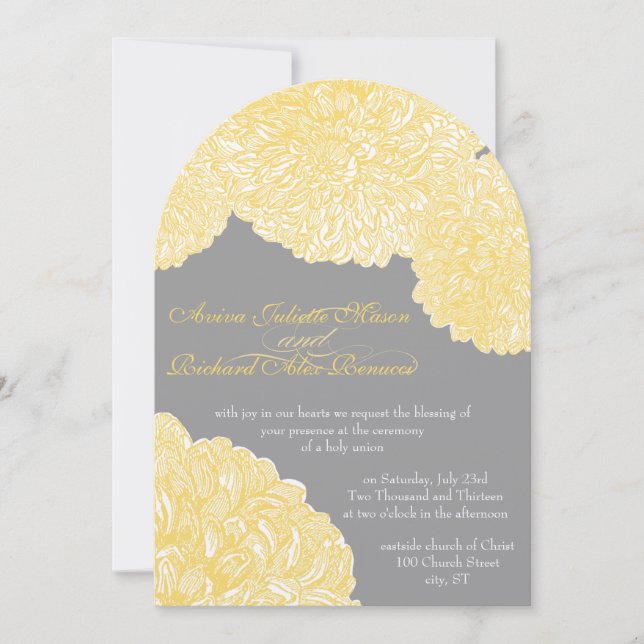 Invitación Crisantemo floral vintage gris y amarillo (Anverso)