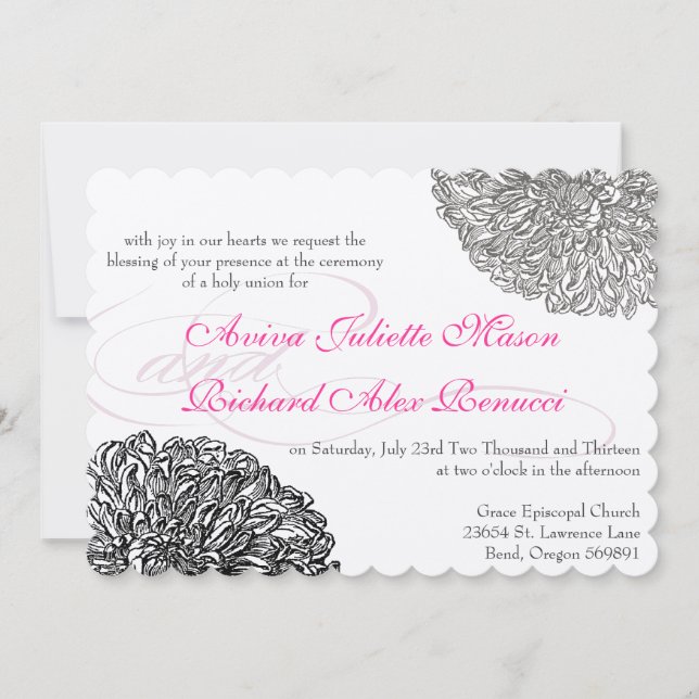 Invitación Crisantemo floral vintage gris y rosa (Anverso)