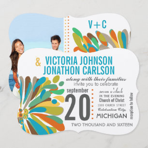 Invitación Crisantemo moderno Coral Amarillo Lime Floral