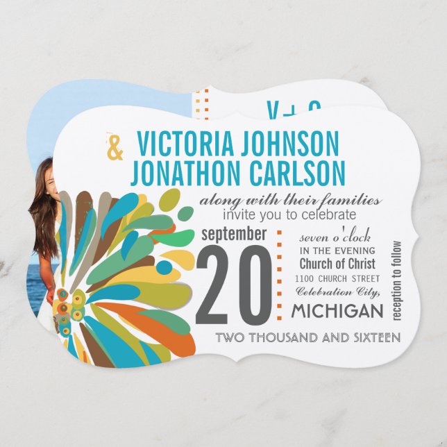 Invitación Crisantemo moderno Coral Amarillo Lime Floral (Anverso / Reverso)