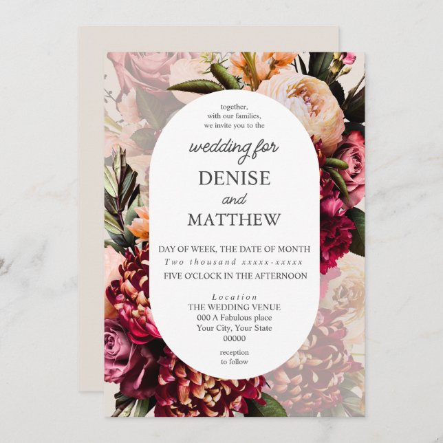 Invitación Crisantemo romántico en Boda Cameo Beige (Anverso / Reverso)