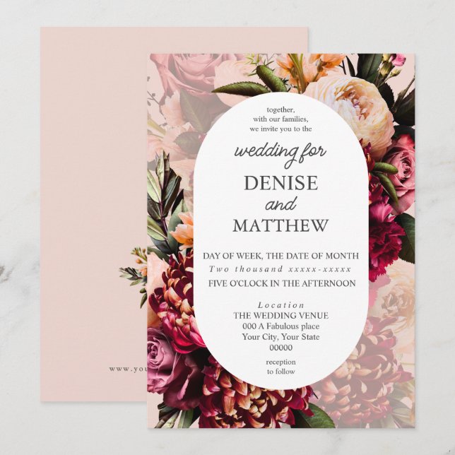 Invitación Crisantemo romántico en Boda Rosa de Rubor (Anverso / Reverso)