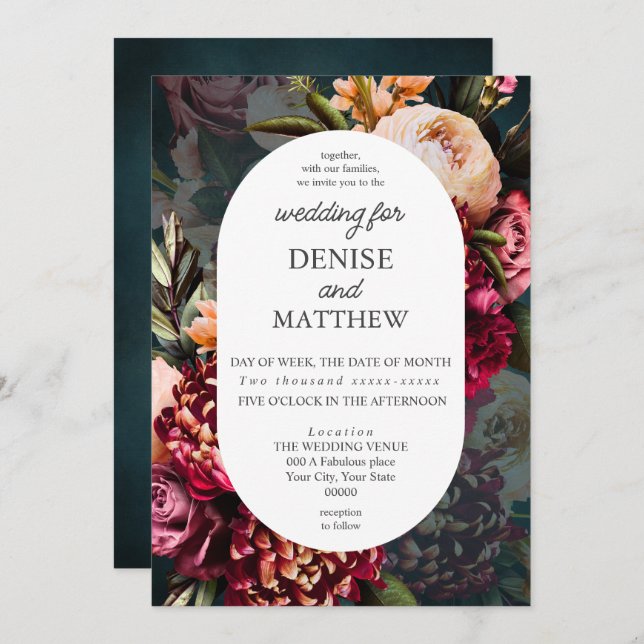 Invitación Crisantemo romántico en Boda Verde azulado (Anverso / Reverso)