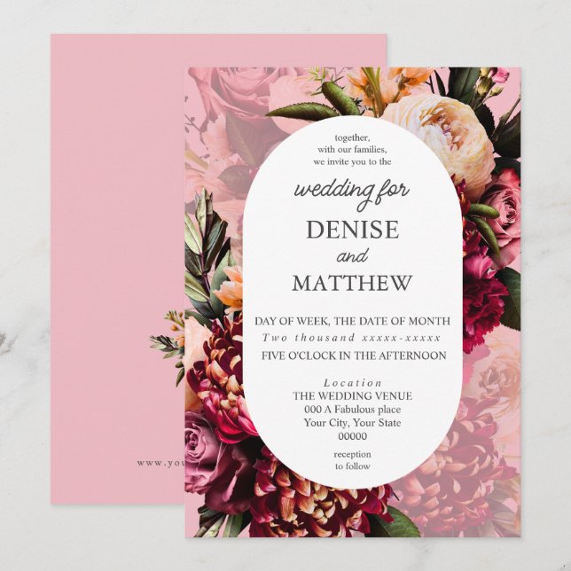 Invitación Crisantemo romántico en rosa con flores de almendr (Anverso / Reverso)