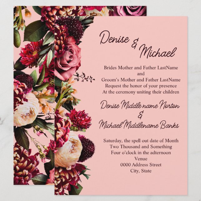 Invitación Crisantemo Romántico sobre Rosa Telaraña (Anverso / Reverso)