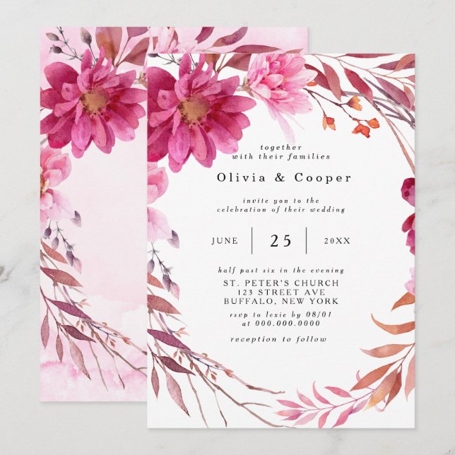 Invitación Crisantemo rosa caliente Boda de la corona (Anverso / Reverso)