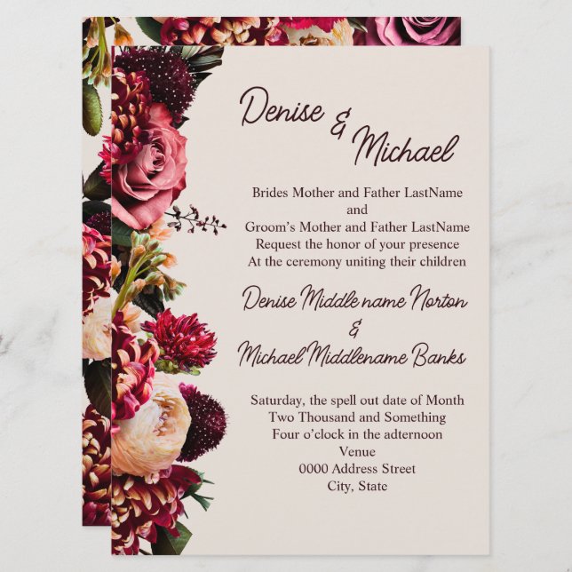 Invitación Crisantemo sobre beige Cameo (Anverso / Reverso)