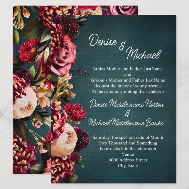 Invitación Crisantemo sobre Boda Verde azulado (Anverso / Reverso)