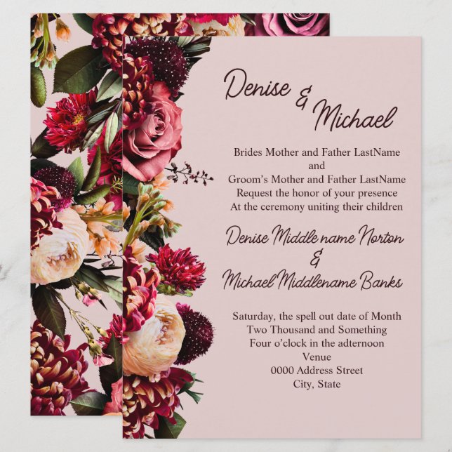 Invitación Crisantemo sobre tiza malva (Anverso / Reverso)