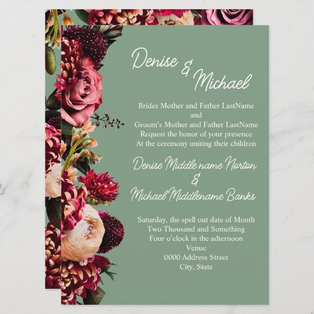 Invitación Crisantemo sobre verde albahaca (Anverso / Reverso)