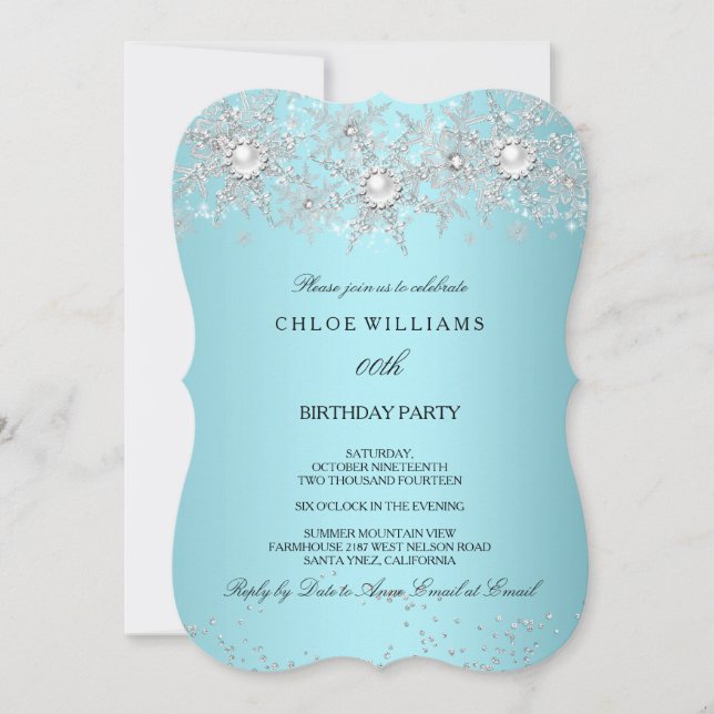 Invitación Cristal Azul Teal Perla Copo de Nieve Plateado Inv (Anverso)
