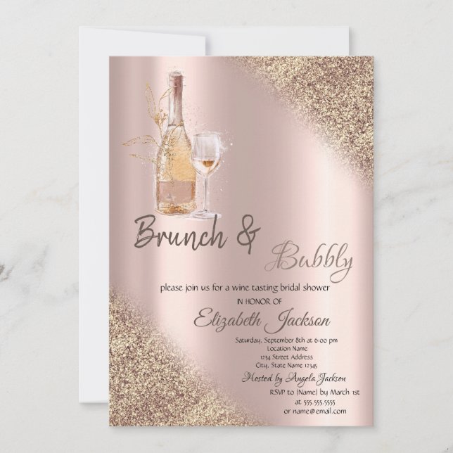 Invitación Cristal, Botella Brillo Bokeh Brunch y Burbujas (Anverso)
