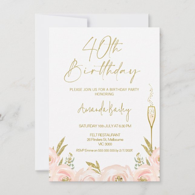 Invitación Cristal de champán floral moderna 40 cumpleaños (Anverso)