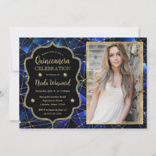 Invitación Cristal de Galaxia Azul Medianoche Quinceañera fot