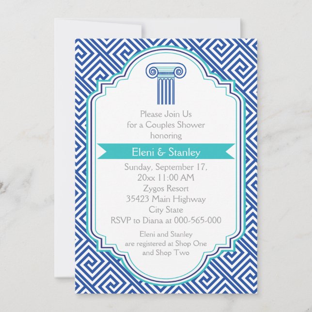 Invitación Cristal griega y columna azul parejas de matrimoni (Anverso)