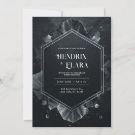 Invitación Cristal Hexágono Moderno Plateado Negro Boda