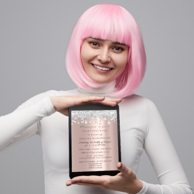 Invitación Cristales Purpurina Rosa Gris Plateado Noche Cumpl (Subido por el creador)