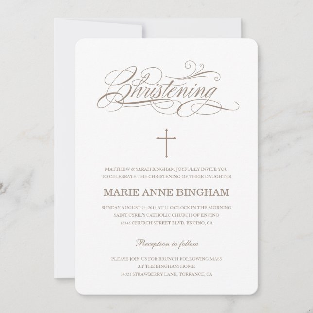 Invitación Cristalización de caligrafía beige blanca elegante (Anverso)