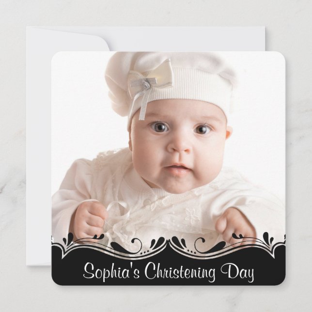Invitación Cristalización de foto de bebé blanco negro (Anverso)