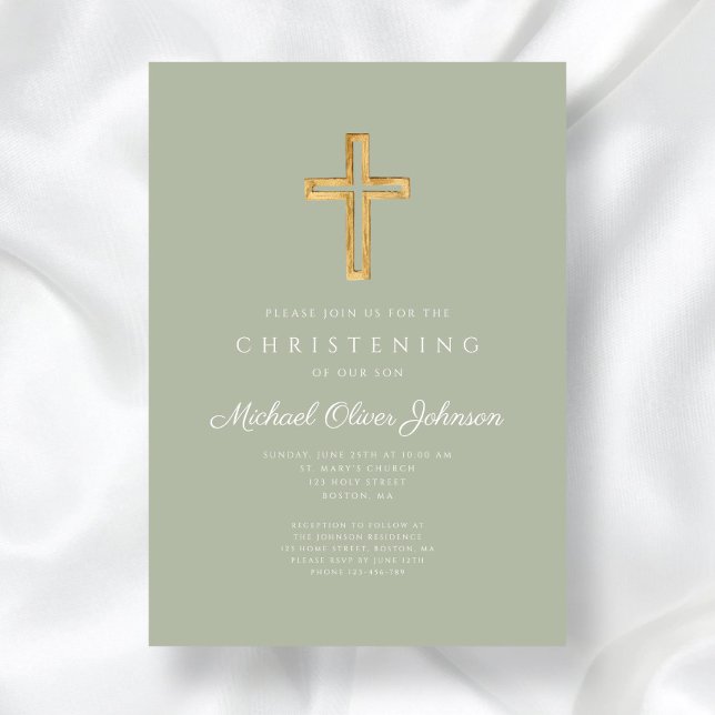 Invitación Cristalización de la Cruz Verde de Madera Religios (Religious Sage Green Wood Cross Christening Invitation)