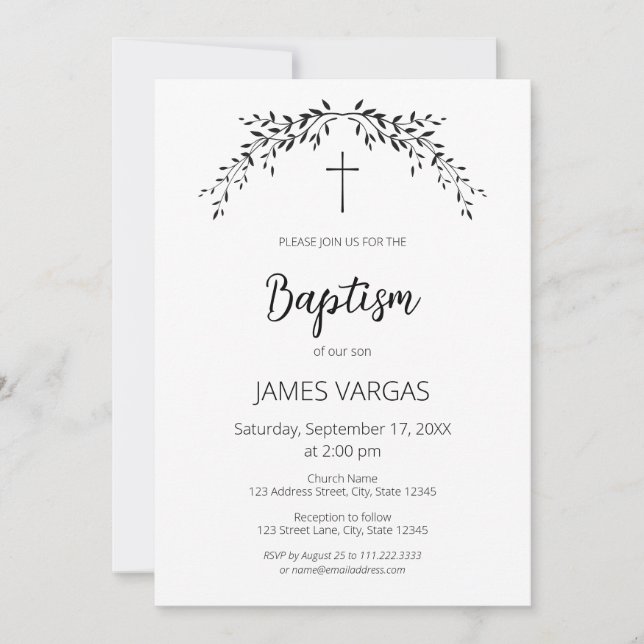 Invitación Cristalización. Hojas elegantes bautismo floral (Anverso)
