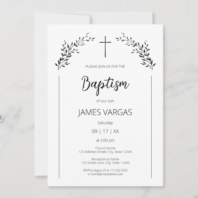 Invitación Cristalización. Hojas elegantes bautismo floral (Anverso)