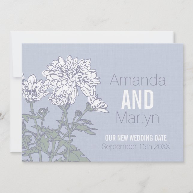 Invitación Cristantemo de boda blanco gris reprogramado (Anverso)