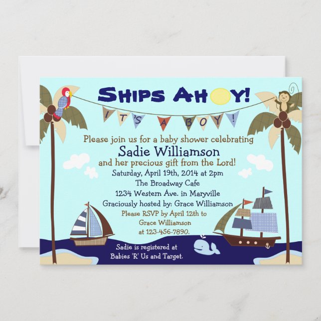 Invitación cristiana de Baby Shower de las naves (Anverso)