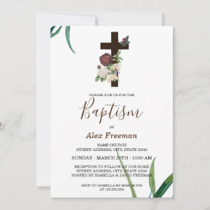 Invitación Cristianismo floral con escritura marrón y bautism