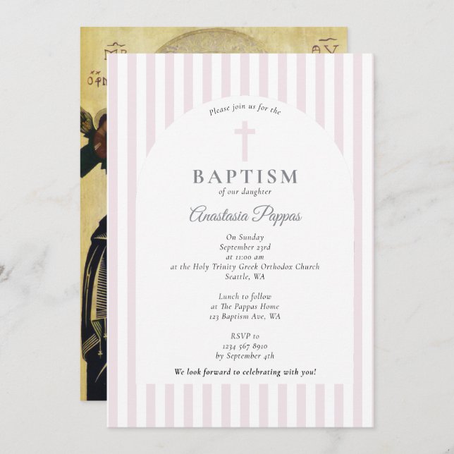 Invitación Cristianismo ortodoxo griego bautismo Chica rosa R (Anverso / Reverso)