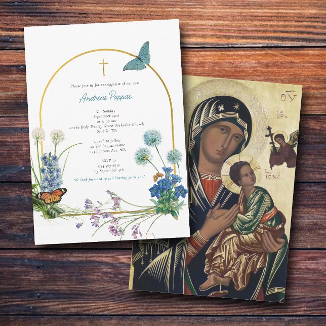 Invitación Cristianismo ortodoxo griego bautizo (Greek Orthodox Christening Baptism Boy Wildflower Invitation)