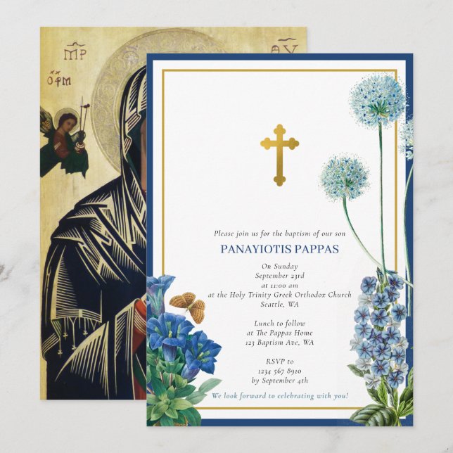 Invitación Cristianismo ortodoxo griego bautizo floral azul (Anverso / Reverso)