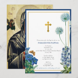Invitación Cristianismo ortodoxo griego bautizo floral azul