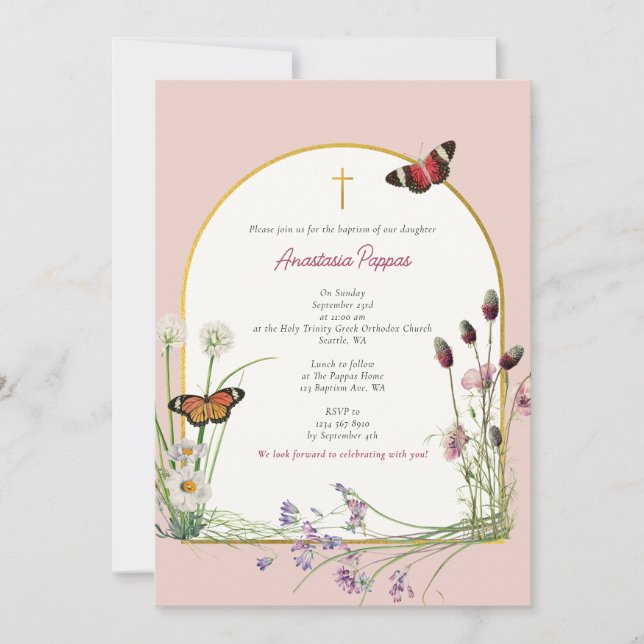 Invitación Cristianismo ortodoxo griego bautizo florín rosa (Anverso)