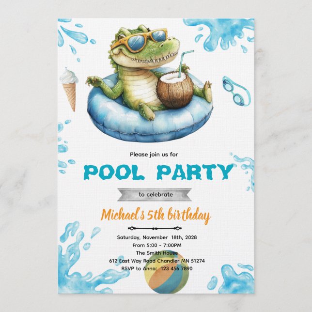 Invitación Crocodile Pool Party Birthday Invitation (Anverso)