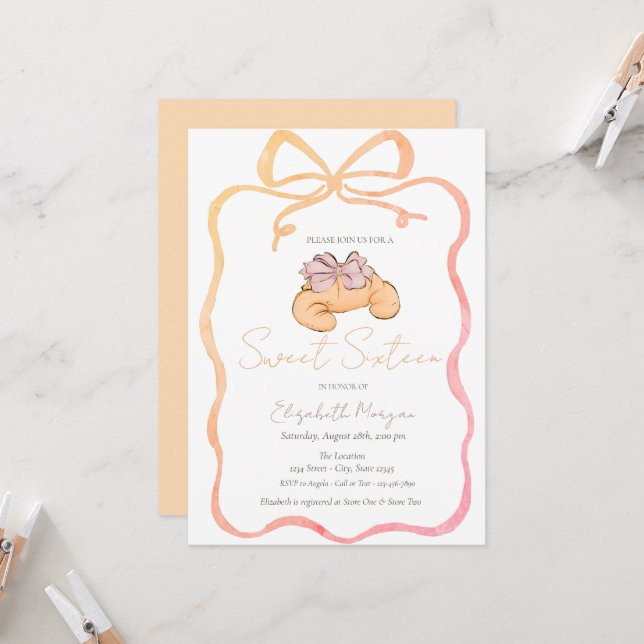 Invitación Croissant Parisino Chic con Lazo Dulces 16 (Anverso/Reverso In Situ)