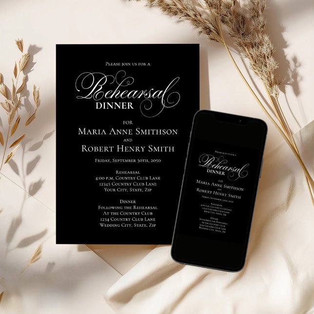 Invitación Cronología de ensayo en blanco y negro (Black and white wedding rehearsal dinner invitation template. )