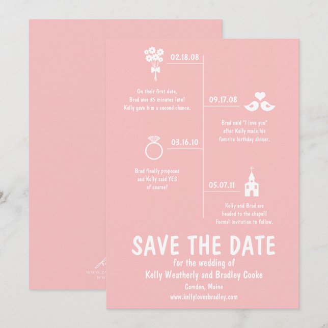 Invitación Cronología de relación rosada Boda Guardar la fech (Anverso / Reverso)