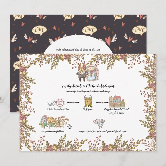 Invitación Cronología manuscrita del Boda caprichoso Doodles (Anverso / Reverso)