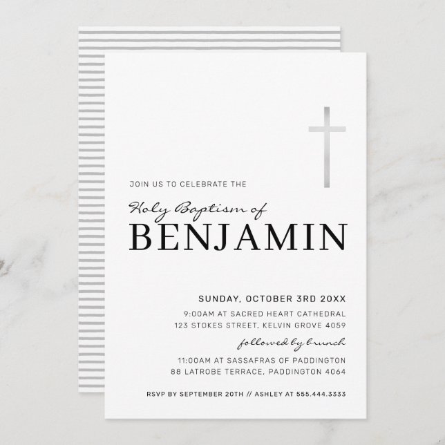 Invitación CROSS MODERNO Bautismo sagrado mínimo plata negra (Anverso / Reverso)